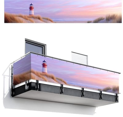 Balkonscherm 500x100 cm - Balkonposter Vuurtoren - Duinen - Zonsondergang - Balkon scherm decoratie - Balkonschermen - Balkondoek zonnescherm