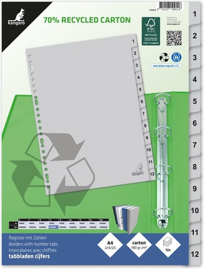 Kangaro tabbladen - A4 - cijfers 12-delig - ECO karton 180 grams - 23-gaats