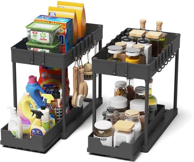 Unyqoos® Uittrekbare Spoelkastorganizer Met 16 Haken Voor Onder Wastafel, Set Van 2 Stuks, Zwart