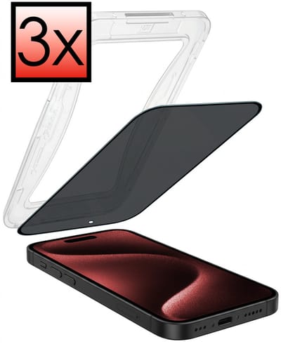 Screenprotector - 3 Stuks - Geschikt voor Apple iPhone 15 Pro - Met Installatie Kit - Anti Spy - Beschermglas - Flexibel Glas - Tempered Glass - Screen Protector - Inclusief Montage Frame - Buigbaar Hybrid Bescherm Cover