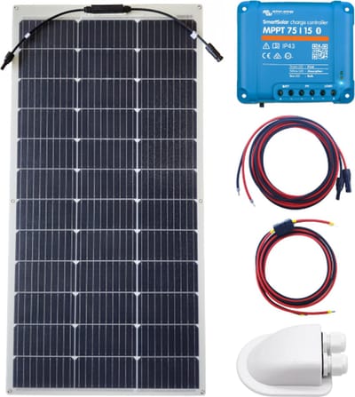 Bluetooth Set Flexibel Zonnepaneel 110Wp Caravan, Camper, Boot, Tent - MPPT Victron Energy laadregelaar 75/15 - Zonnepaneel Compleet Pakket - Kabel met connectoren - Plug-Play set schematische tekening en handleiding-Monokristallijn