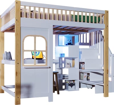 REDOM Luxe Twijfelaar Hoogslaper (140x200 cm) - Met Bureau, Opbergtrap & LED Verlichting - Massief Hout - Wit / Naturel