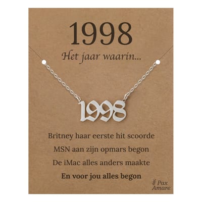 Jaartal 1998 Ketting op Cadeau Kaartje - Zilverkleurig Stainless Steel - 45cm - Met informatie over geboortejaar - Pax Amare