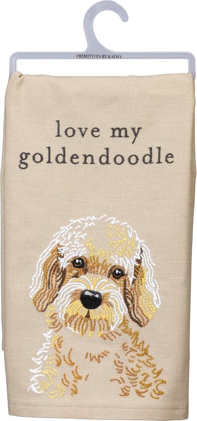 Linnen Katoen Theedoek met Geborduurd Goldendoodle Portret - Beige
