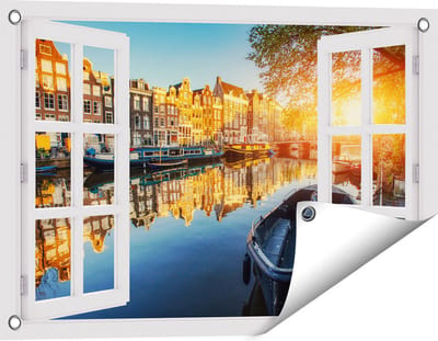 Gards Tuinposter Doorkijk Amsterdamse Gracht bij Zonsondergang - 60x40 cm - Tuindoek - Tuindecoratie - Wanddecoratie buiten - Tuinschilderij