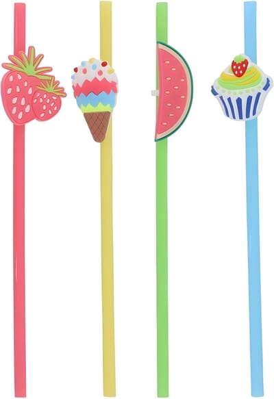 Gerimport Cocktail feest rietjes - herbruikbaar - kunststof - 4x stuks - gekleurd met leuke decoratie