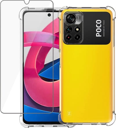Hoesje geschikt voor Poco M4 Pro - Shock Proof Case Transparant met Versterkte rand en Glas Screen Protector
