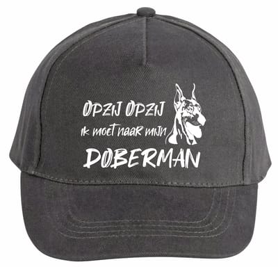 Mijncadeautje - 5 panel - Cap - Verstelbaar - Pet van 100% dik geborsteld katoen- unisex - opdruk wit - opzij opzij naar mijn doberman - chique grijs