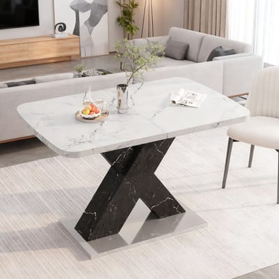 HAUSS SPOLE Eettafel - Uitschuifbaar Rechthoekig - Voor Eetkamer En Keuken - MDF En Staal - 120-160x80x76,5 Cm - Wit Zwart