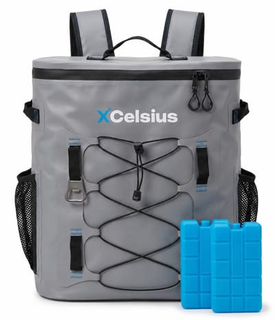 XCelsius® Koeltas Rugzak 20 Liter – Koelrugzak met 2 Koelelementen en Flessenopener – Minstens 24 Uur Koel – 100% Waterdicht – Koelrugtas voor Strand, Festival, Boot en Camping – Grijs