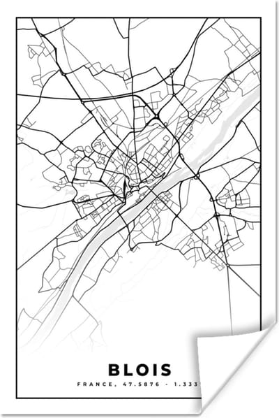 Poster Kaart - Stadskaart - Frankrijk - Blois - Plattegrond - Zwart wit - 120x180 cm XXL