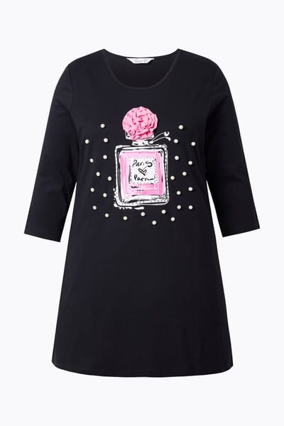 MIAMODA - Dames - Lange blouse flaconmotief met sierkraaltjes 3/4-mouw - Zwart - Maat 48