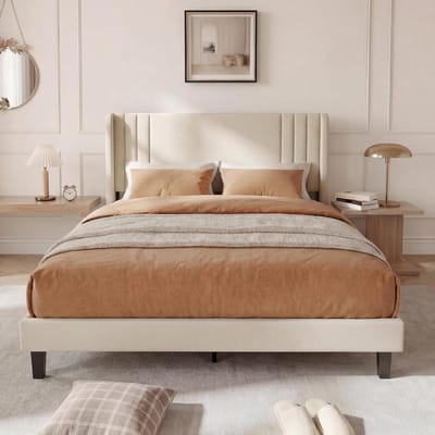 Bed 140 x 200 cm - Tweepersoonsbed met gestoffeerd hoofdeinde - Gevoerde bedden - Eenvoudig te monteren - Verstelbaar hoofdeinde - Inclusief lade