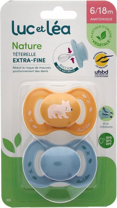 Luc et Léa Nature 2 Anatomische Fopspenen Extra-Fijne Speen 6-18 Maanden (Modellen : Beer Geel en Blauw)