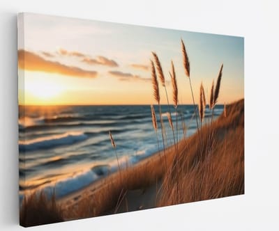 Saammp Canvas Schilderij - Helmgras met zonsondergang - strand - zee - Duinen - 45x30 - Foto op canvas - Wanddecoratie - muurdecoratie Woonkamer - Slaapkamer decoratie - Canvas Print
