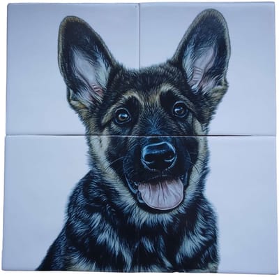 MadDeco Nederlands fabrikaat Duitse Herder pup op plateau van 4 tegels Friese Witjes 13 x 13 cm per tegel