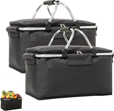 Opvouwbare boodschappenmand met gevoerde handgrepen, koelbox en picknickmand voor reizen en winkelen, 18 liter, 2 stuks (zwart)