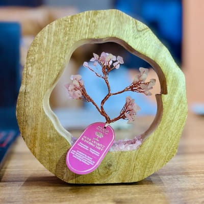 Rozenkwarts Edelsteenboom in Mangohouten Ring – 60 Stenen – Liefde & Harmonie