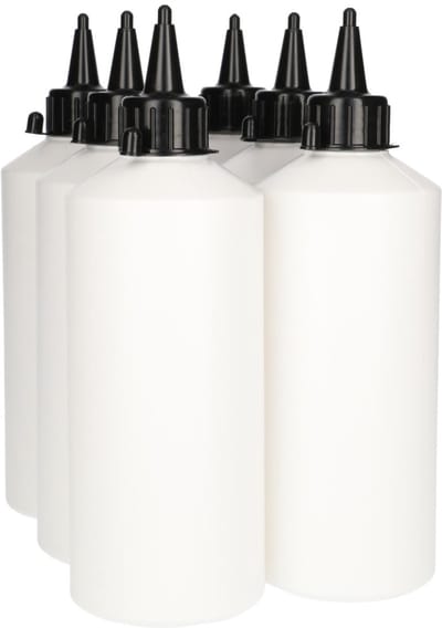 6 x Doseerfles 500 ml wit met Tuitdop zwart - Rond- BPA Vrij - Niet Breekbaar - Plastic Flesjes Navulbaar - Met Dop - Lege Flessen - 6 stuks