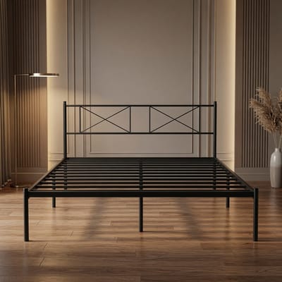 Bed 140x200 cm – Met Hoofdbord – Stevig Metalen Frame – Industrieel Design – Zwart – Medahomestore