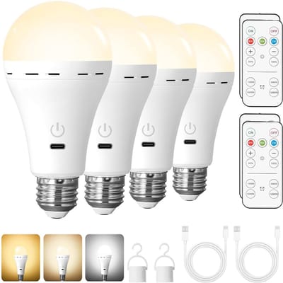 E27 Led-lamp Oplaadbaar met Afstandsbediening - 4 stuks Slimme Lamp met Dimbare Functie en Timer - 3 Kleurtemperaturen (Warm/Naturel/Koud) - Noodverlichting voor Stroomuitval Binnen/Buiten