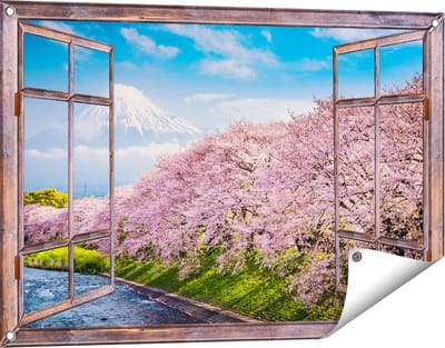 Gards Tuinposter Doorkijk Roze Bloesembomen bij de Fuji Berg - 90x60 cm - Tuindoek - Tuindecoratie - Wanddecoratie buiten - Tuinschilderij