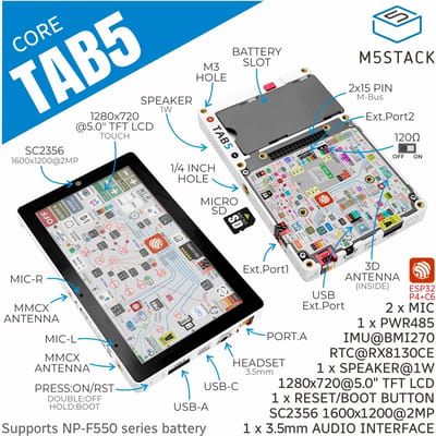 M5Stack officiële Tab5 IoT-controller/ontwikkelingskit (ESP32-P4) - zonder batterij
