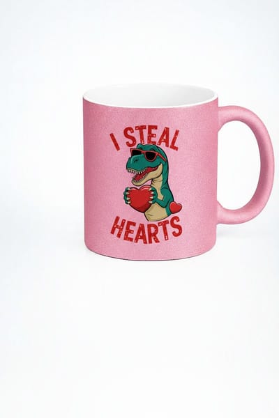 T-Rex Mok Roze Glitter - 'I Steal Hearts' Dinosaurus Koffiemok met Hart - Grappig Valentijn Cadeau