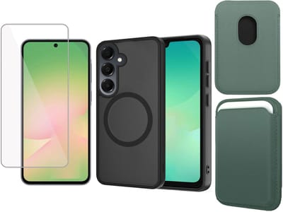 Hoesje + Pasjeshouder + Screenprotector geschikt voor Samsung Galaxy A17 5G / A26 Hoesje - Portemonnee Hoesje geschikt voor MagSafe - Magnetisch - Gehard Glas- Creditcardhouder - Groen