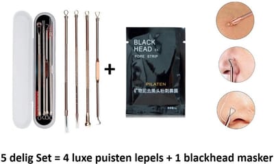 Vernieuwde versie – 5 delig set - Acne Set 4 delig + 1x blackhead gezichtsmasker - Mee-eters Verwijderen - Blackhead Remover - Puistjes Professionele Kit- 4 Luxe Puisten Lepels - Mee Eter Lepel -Gezichtsverzorging- RVS - Rose -Underdog Tech