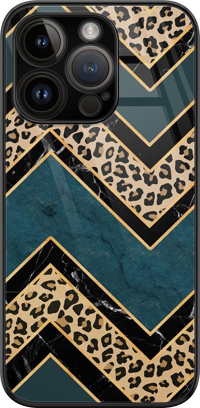 Hoesje geschikt voor iPhone 14 Pro - Luipaard zigzag - Luxe Glazen Hardcase - Luipaardprint - Multi - Leuke Telefoonhoesjes