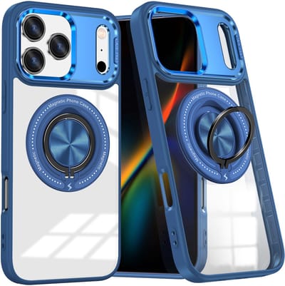 Magsafe Hoesje Geschikt voor iPhone 17 Pro hoesje Blauw Transparant - Met kickstand Draaibare Ring Houder
