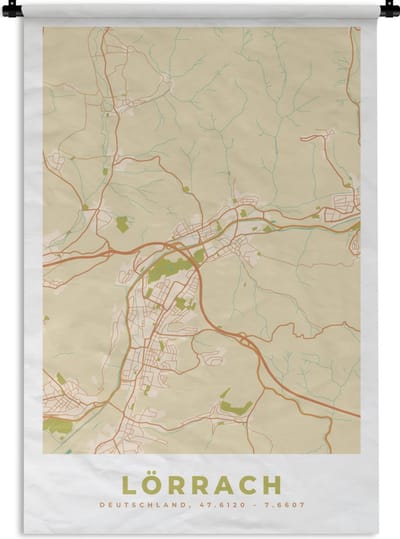 Wandkleed - Wanddoek - Stadskaart - Lörrach - Vintage - Kaart - Plattegrond - 120x180 cm - Wandtapijt