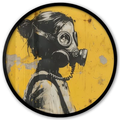 Poster in lijst Rond - Fotolijst 40x40 cm - Posters - Street art - Meisje - Geel - Banksy Style - Ronde posterlijst zwart - Decoratie - Wanddecoratie woonkamer - Muurdecoratie slaapkamer