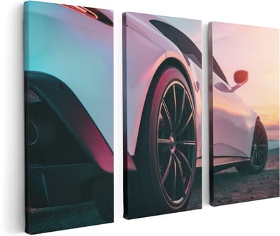 Artaza Canvas Schilderij Drieluik Witte Sportwagen Auto - 120x80 cm - Wanddecoratie Woonkamer - Schilderijen - Muurdecoratie