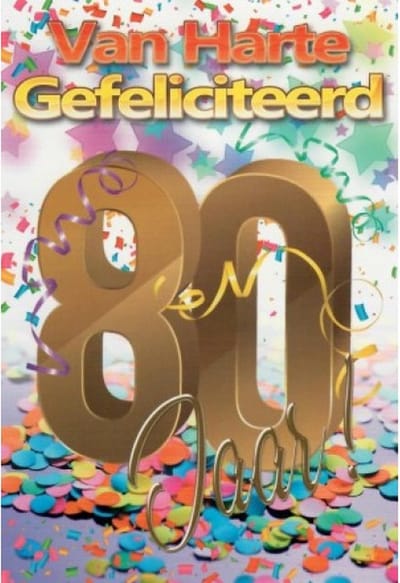 Van harte gefeliciteerd! Je bent 80 jaar geworden! Een kleurrijke en feestelijke kaart met een heleboel slingers en confetti. Een leuke kaart om zo te geven of om bij een cadeau te voegen. Een dubbele wenskaart inclusief envelop en in folie verpakt.