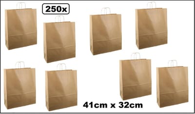 250x Koordtas Big kraft bruin 41cm x 32cm - papier - goodiebag papieren draagtas tas koord festival kado themafeest party geschenken