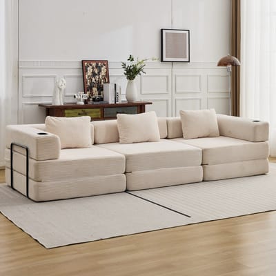Multifunctionele Corduroy Slaapbank – Vaste Framebank–Opvouwbaar met 2 Kussens en Armleuningen–Comfortabel 3-in-1 Ontwerp–Geschikt voor 3 Personen-Te Gebruiken als Bank, Ligstoel en Logeerbed –Ideaal voor Appartementen of Kleine Ruimtes–Wit