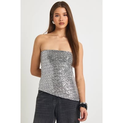 boohoo Dames Pailletten Bandeau Asymmetrische Zoom Top | Zilver | Maat: 34