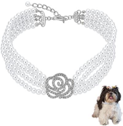 Dailygoods- Halsband Verstelbaar - 4 Rijen Parelketting - Strass Rozenbloem - Huisdieren Sieraden - Geschikt voor Honden/Katten - Afmetingen 300 mm + 50 mm Verlengketting - Huisdierkraag