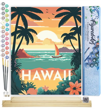 Figured'Art Schilderen op Nummer Volwassenen canvas Reisposter Hawaï- Handwerk acrylverf Kit DIY Compleet - 40x50cm met DIY houten lijst