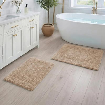 Badmatten Set - Katoenen Badmatten - Badkamer Luxe - 100% Katoen Omkeerbaar - 21x34 17x24 - Linnen Beige