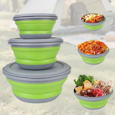 Famanu – Set van 3 opvouwbare kommen met deksel, ruimtebesparend en lichtgewicht voor camping, picknick en outdoor gebruik