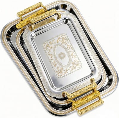 VHV - Dienblad - Serveerplateau - Presenteerschaal - Set van 3 - RVS - Met gouden handvaten - Decoratieve tray - Voor bruiloft en feestjes - Rechthoekig - Stijl 1