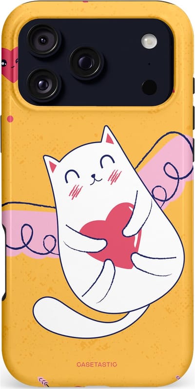Casetastic hoesje geschikt voor Apple iPhone 17 Pro Max - MagSafe - Dubbellaagse bescherming - Kattenflirt Geel Rode Hartjes Liefde - Fashion Case - Goud Wit