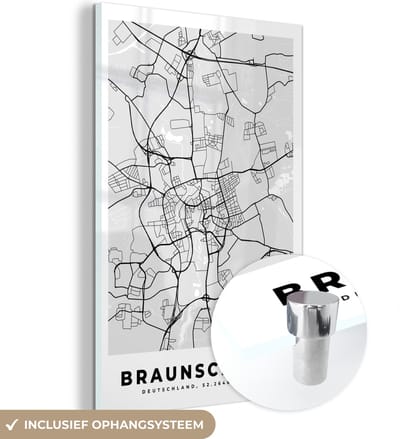 MuchoWow® Glasschilderij 120x180 cm - Schilderij acrylglas - Duitsland - Stadskaart - Kaart - Plattegrond - Braunschweig - Foto op glas - Schilderijen