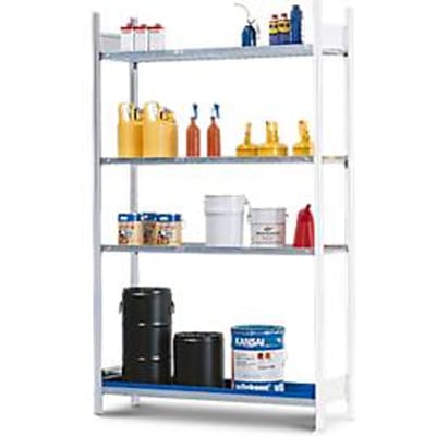 Aanbouwstelling REG 1364 voor gevaarlijke stoffen stelling asecos REG 1372, B 1310 x D 640 x H 2000 mm, met opvangbak van 40 l en 3 stalen legborden