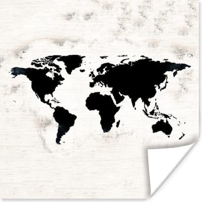 Poster 30x30 cm - Wereldkaart - Zwart - Hout - Posters - Kamer decoratie - Wanddecoratie woonkamer - Muurdecoratie slaapkamer
