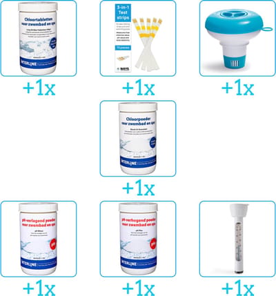 Zwembad Onderhoudspakket - Onderhoud Zwembad - bevat Chloor - Testrips - Chloordrijver - Chloor - PH-min - PH-plus en Thermometer (7-delig)