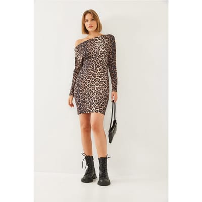 Asymmetrische Kraag Luipaardprint Mini Jurk